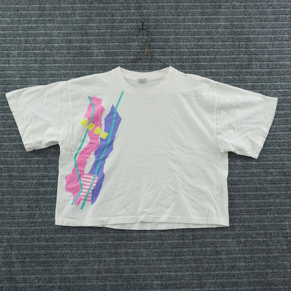 Vintage 80s Nike T-Shirt Mens M White Abstract Geometric Graphic Crop USA Made